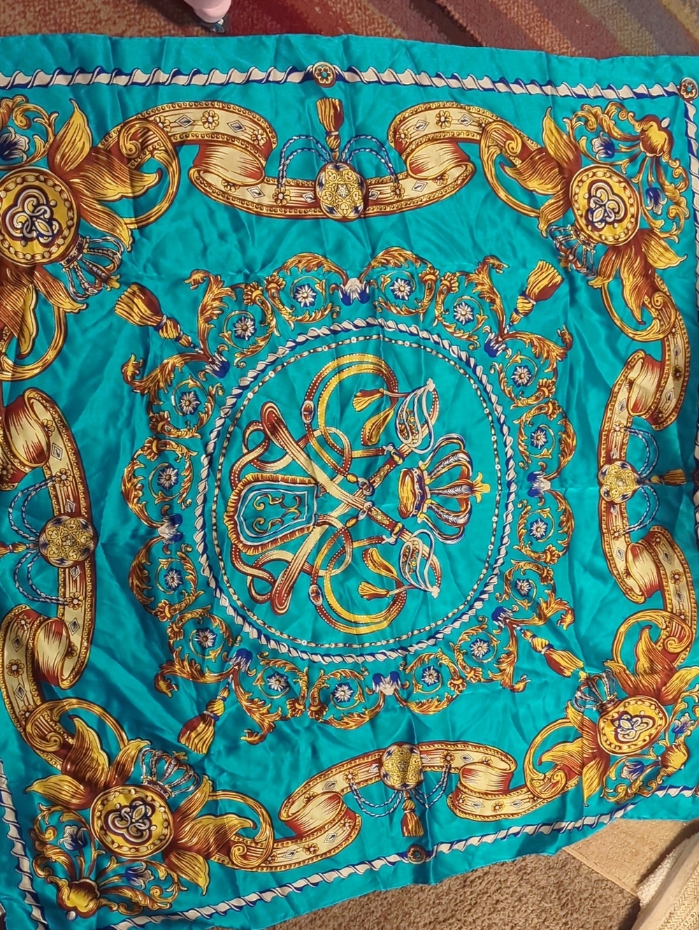 Turquoise and Gold Baroque-Print Fashion Scarf